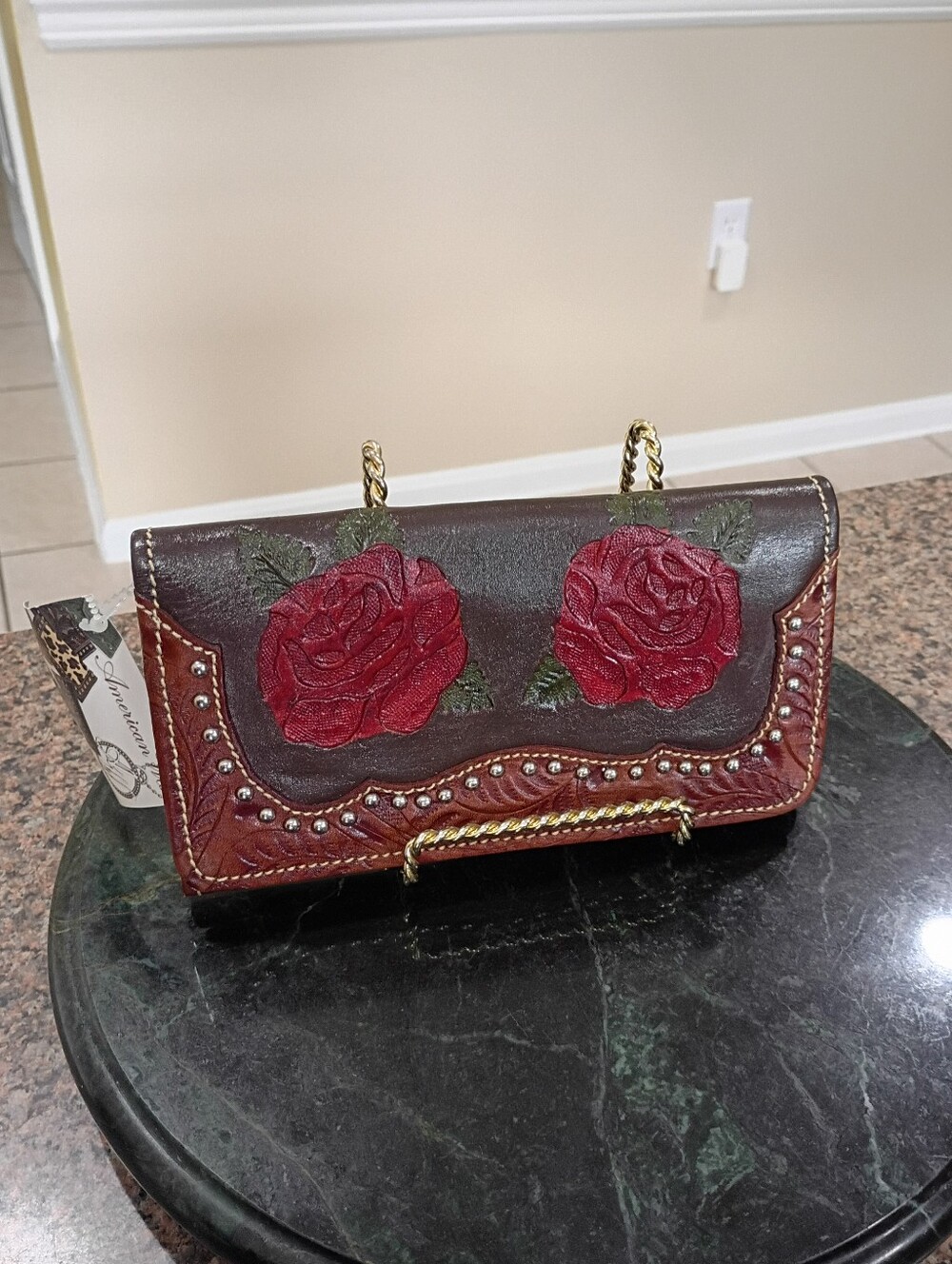 American West Handcrafted Brown Leather Clutch with Red Rose Embroidery